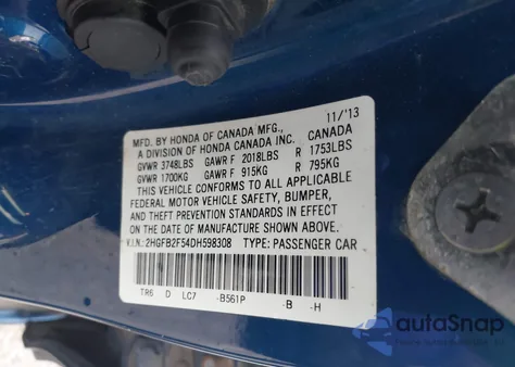 2013 Honda Civic Lx z USA, uszkodzony, nr VIN 2HGFB2F54DH598308